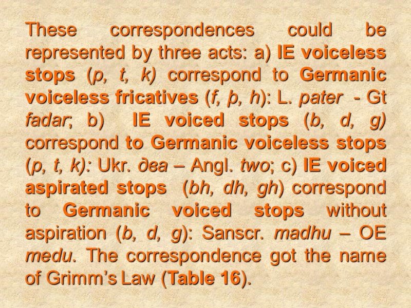 These correspondences could be represented by three acts: a) IE voiceless stops (p, t,